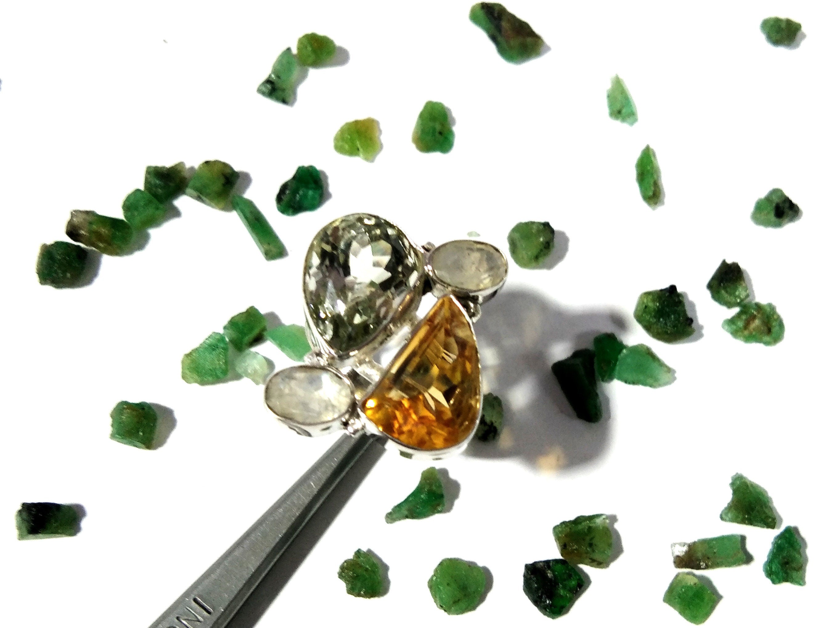 Green Amethyst, Citrine & Rainbow Moonstone Rings, 925 Sterling Silver Jewelry, Multi Natural Gemstone Ring, Handmade Jewelry